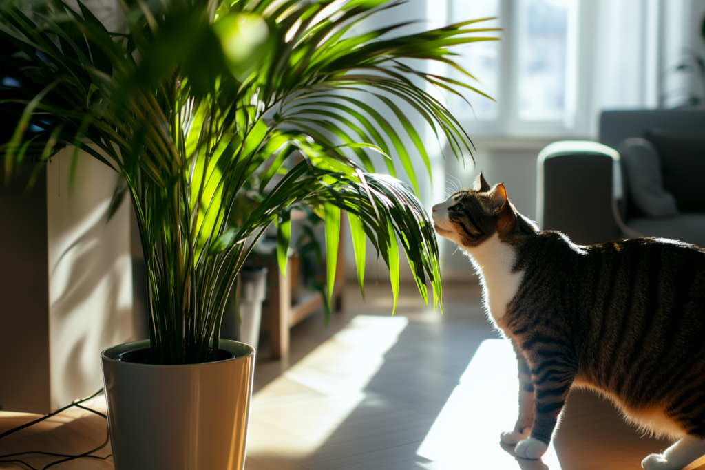 Katze riecht an Pflanze