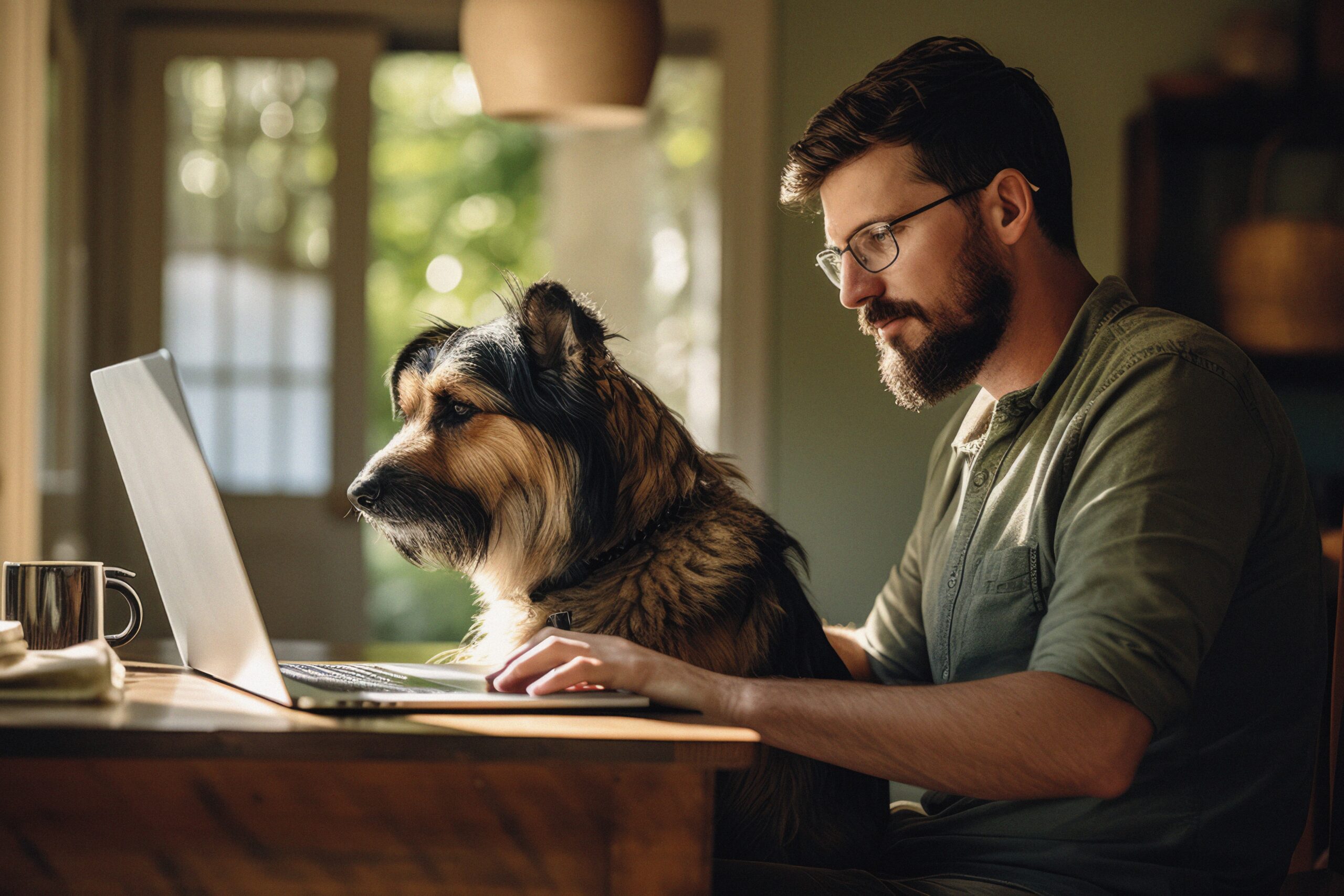 A man with his dog working at laptop computer at home